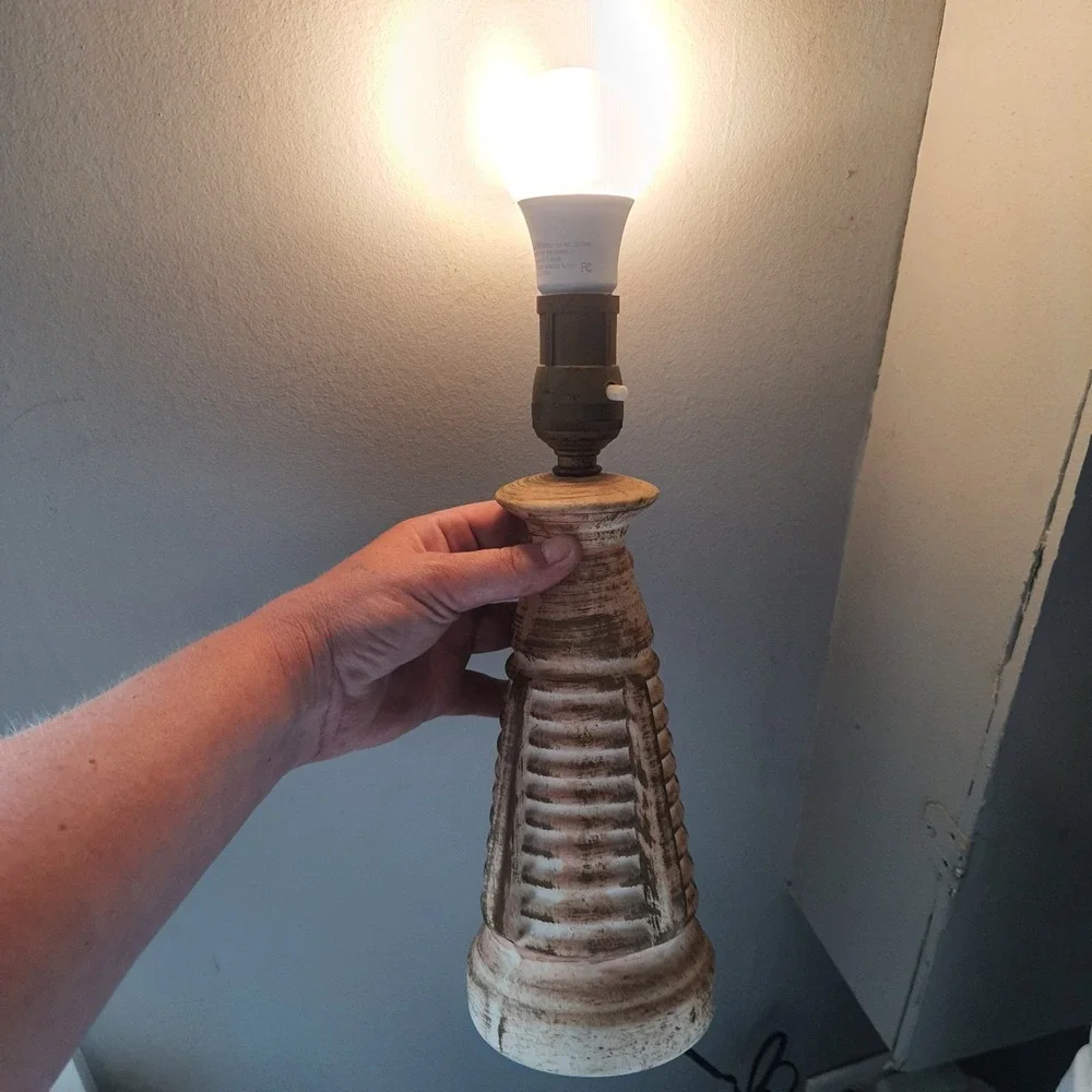 Vintage 1950s Table Lamp Painted Cream Brown Brushed Electric Egyptian Revival